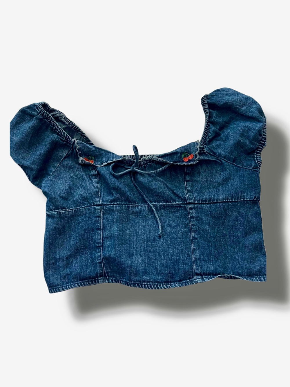 American Eagle Outfitters Blue Denim Puff Sleeve Crop Top with Cherry Details